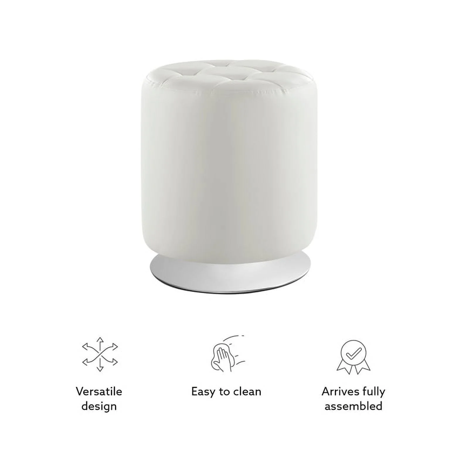 Bowery Hill Modern Round Faux Leather Swivel Ottoman in White