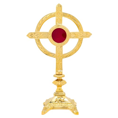 Needzo Brass Embossed Celtic Cross Reliquary, Sacred Storage Vessel, Catholic Church Decor, 13 x 8.75 Inches