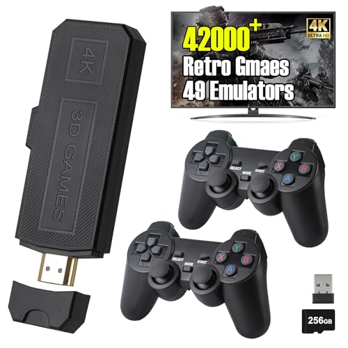 Wireless Retro Game Stick – Plug & Play 4K HDMI Video Console with 42,000 Classic Games, 15 Emulators, Dual 2.4G Wireless Controllers, Supports Up to 4 Players, 256GB Built-in