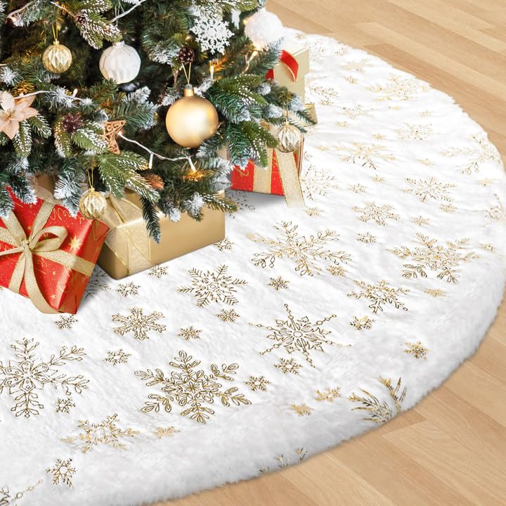Christmas Tree Skirt, 36 inches White Luxury Christmas Tree Skirts with Snowflake, Xmas Tree Skirt Decorations for Christmas New Year Party Decor