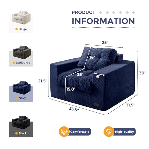 MAXYOYO Living Room Chair for Adults, Upholstered Floor Sofa with Armrests, Boneless Chair with Tufted Cushion & Backrest, Sofa in A Box, Bean Bag Couch for Bedroom Living Room, Dorm, Navy