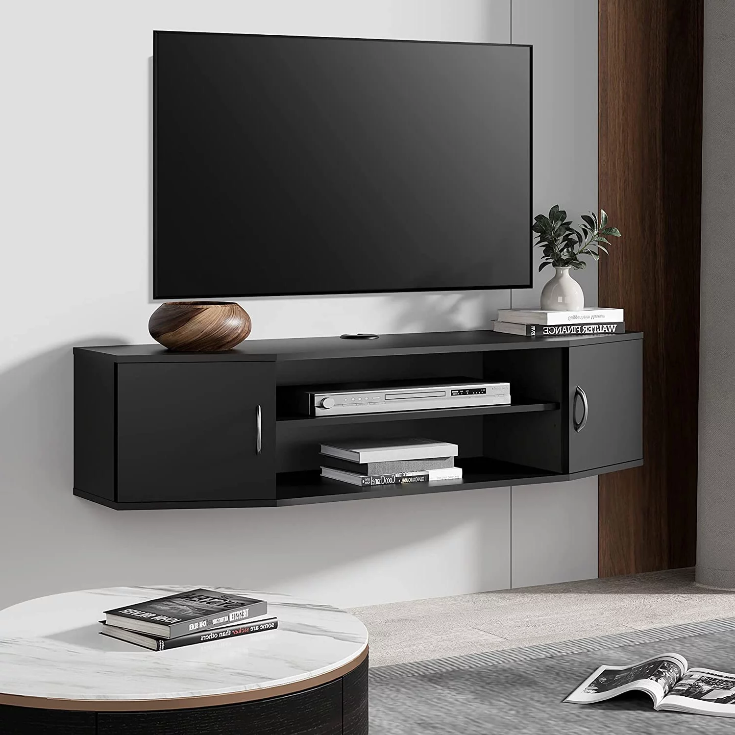 FITUEYES Floating TV Stand with Blue LED Light, Wall Mounted TV Shlef, Entertainment Center Console Stand with Storage Cabinets for Living Room Bedroom