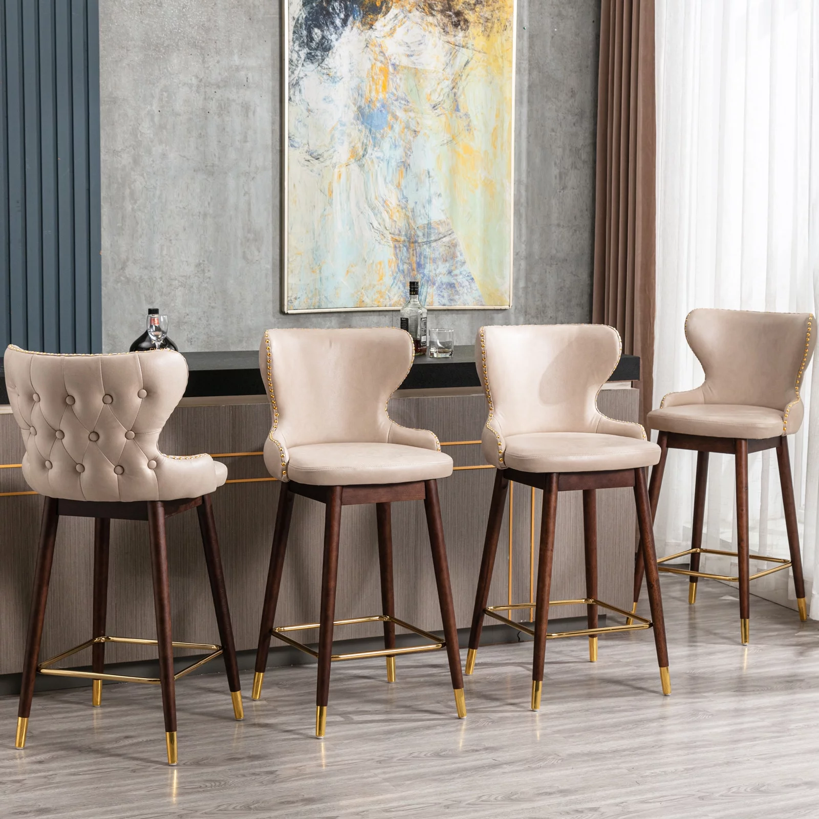BTMWAY Bar Chairs Set of 2, Modern Upholstered Bar Stools with Gold Nailhead Trim and Solid Wood Legs, Leisure Cushioned Counter Stools with Wing-Back Backrest and Golden Footrest, Beige