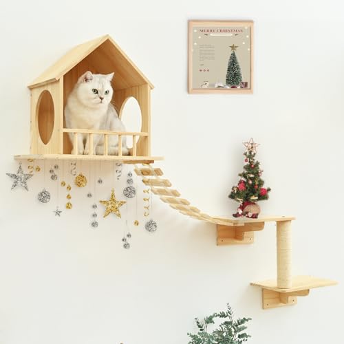 Cat Wall Shelves 9pc, Wall Mounted Cat Climbing Shelves, Wooden Cat Furniture with 2 Condo Houses, 3 Perches, 2 Bridge Ladders and 2 Scratching Posts