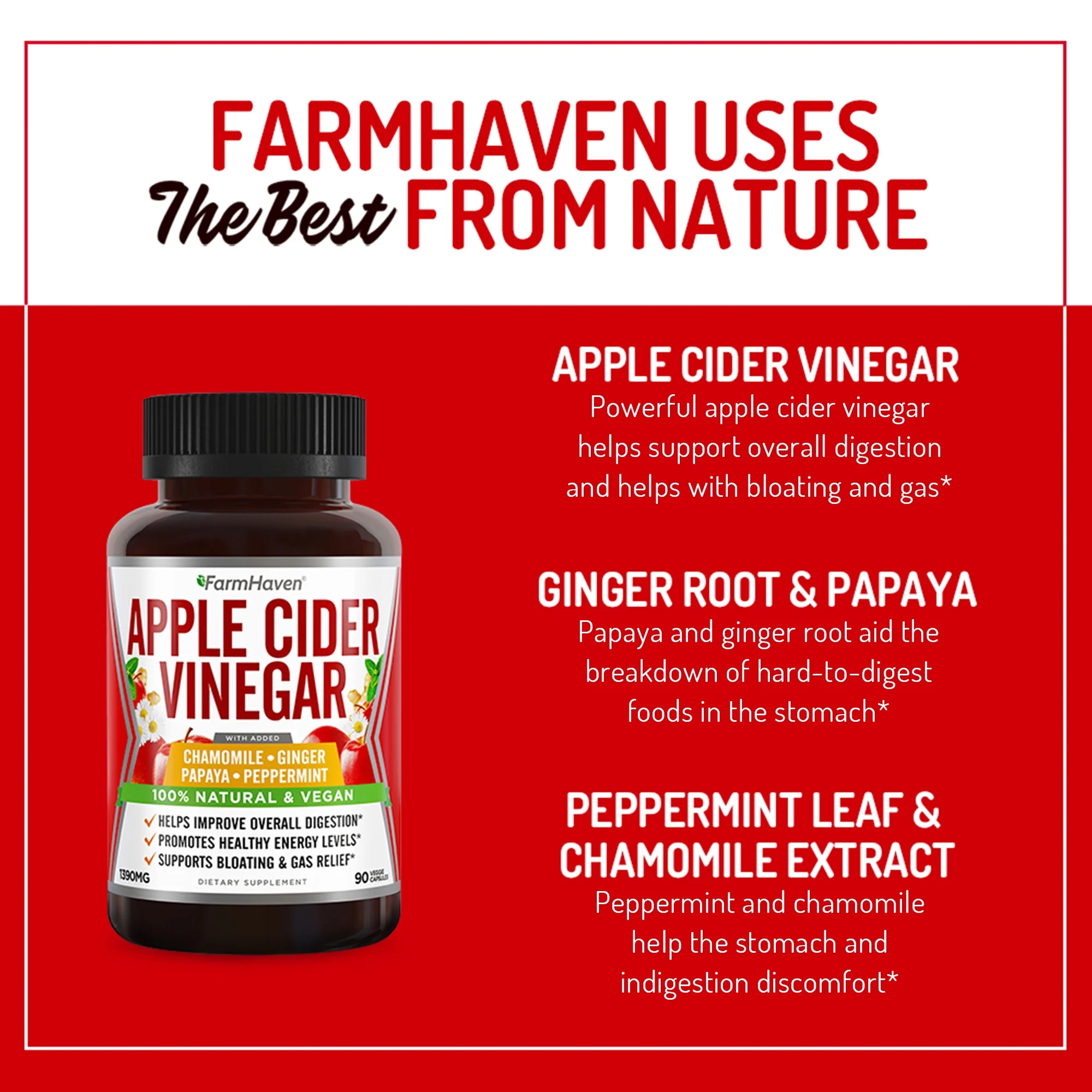 Apple Cider Vinegar Capsules With Ginger, Papaya & Chamomile | 1390mg | Improves Digestion, Energy, Immunity | Soothes Gas & Bloating Issues | Like With Mother | Non-GMO & 100% Natural | 90 Capsules