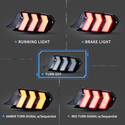 VLAND LED Rear Lights Compatible with Mustang 2015-2023 w/Sequential Turn Signal (5-Modes Switchable Lighting), Clear Lens Taillight Assembly, Passenger&Driver Sides (Clear)