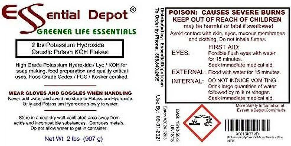 32 lbs Potassium Hydroxide Flakes KOH Caustic Potash Anhydrous KOH Dry Electrolyte - 16 x 2lb Bottles - Lye Drain Cleaner - HDPE container with resealable Child Resistant cap