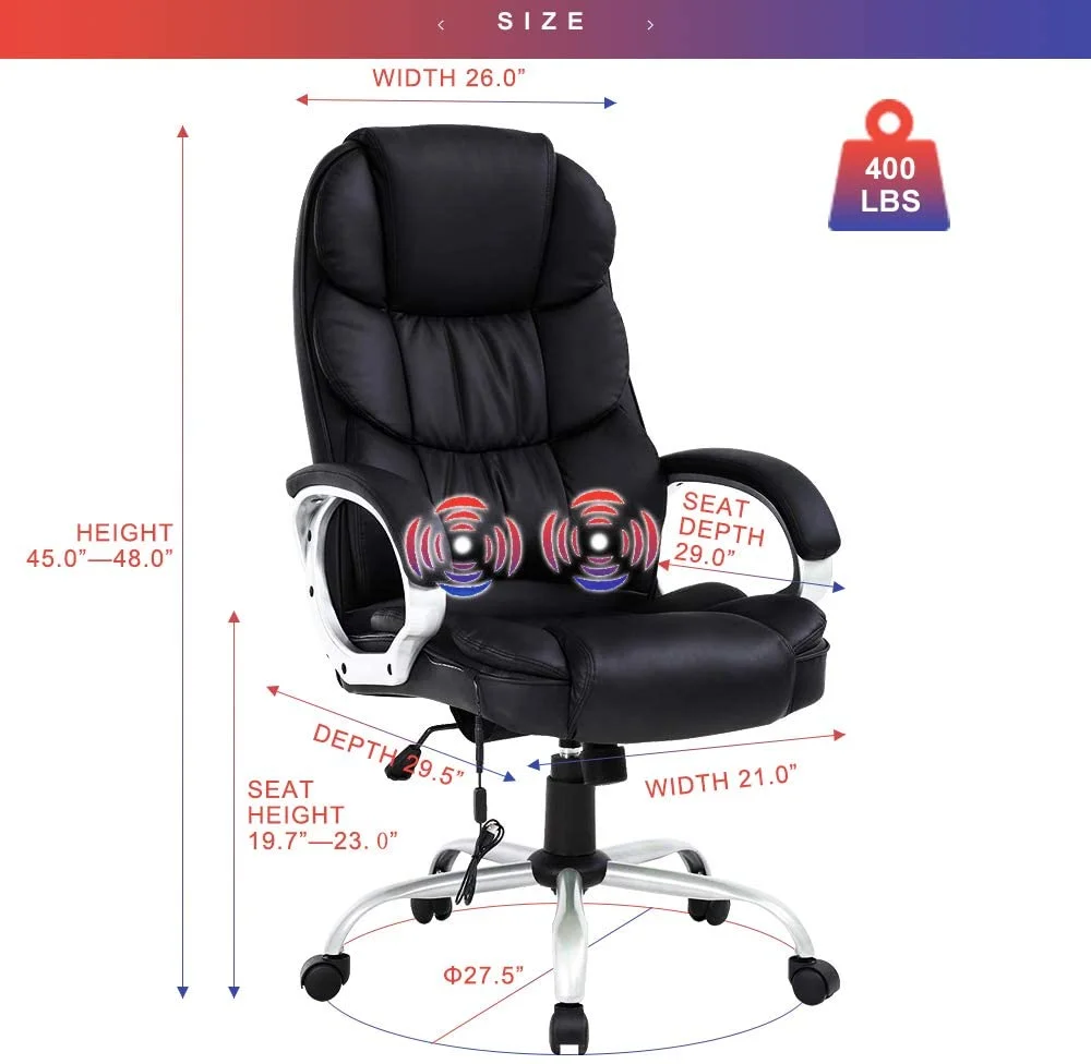 Dkelincs Executive Office Chair Big and Tall Leather Computer Chair Ergonomic Massage Desk Chair Heavy Duty Swivel Task Chair High Density Sponge Seat & Back Chair with Padded Armrest