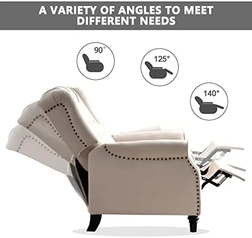 RUNFAYBIU Push Back Recliner Chair  Elizabeth Fabric Recliner with Tufted Back Home Theater Seating w/Padded Seat and Nailhead Trim  Wooden Legs  White