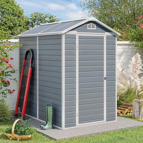 Gizoon 6x4 FT Outdoor Storage Shed with Floor, Resin Garden Tool Shed with Lockable Doors, Window, Vents, Reinforced Steel Frame, Waterproof Plastic Storage Sheds for Backyard, Patio, Lawn