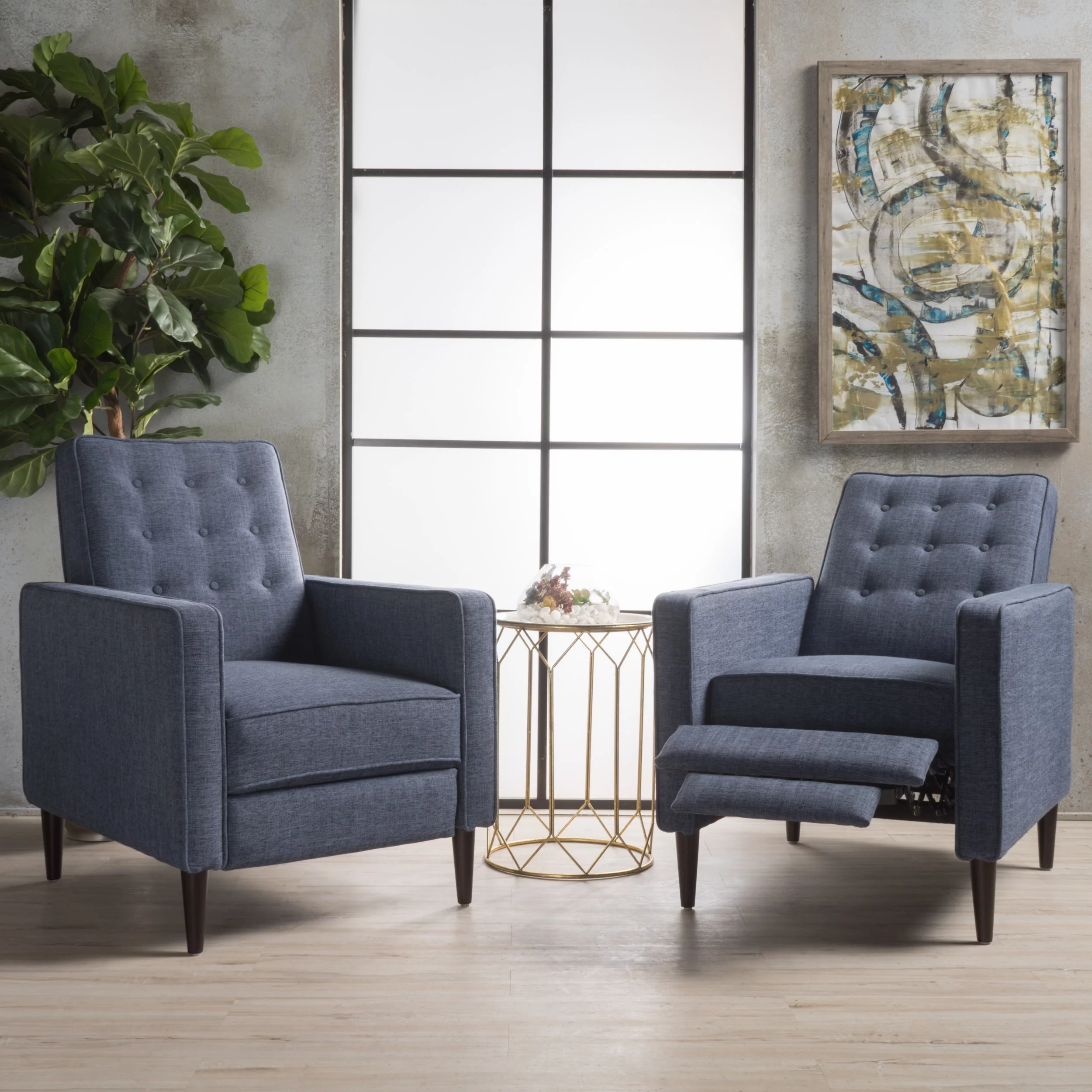 Noble House Marrin Mid Century Modern Dark Blue Fabric Recliner (Set of 2)