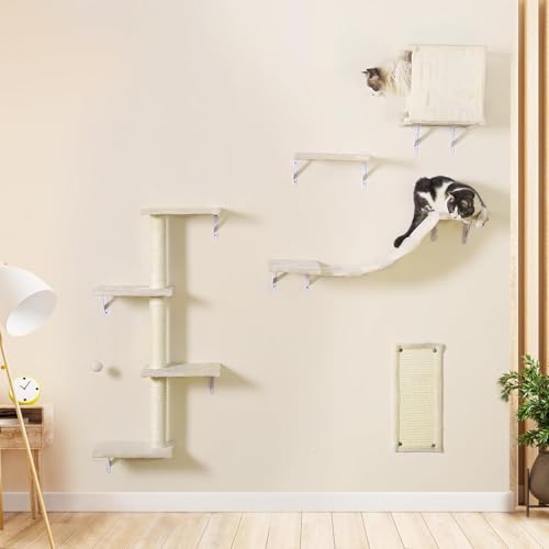 Modern Wall-Mounted Cat Furniture - 5pcs Cat Wall Shelves, Wooden Climber Includes House, Bridge, Tree, Steps, and Scratcher (Black)