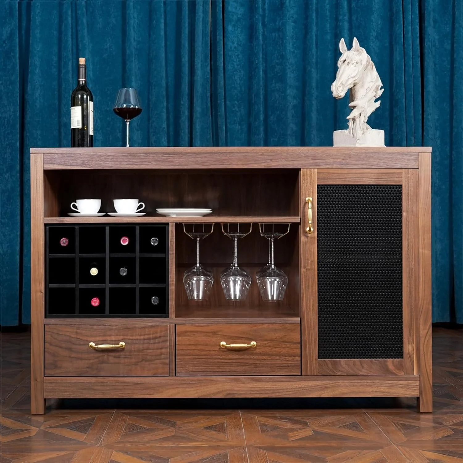 CONSDAN Bar Cabinet with Storage and Large Drawer, Solid Walnut Hardwood Structure Sideboard, Buffet Cabinet with Wine and Glass Rack, Coffee Bar for Living Room, Kitchen, Hallway