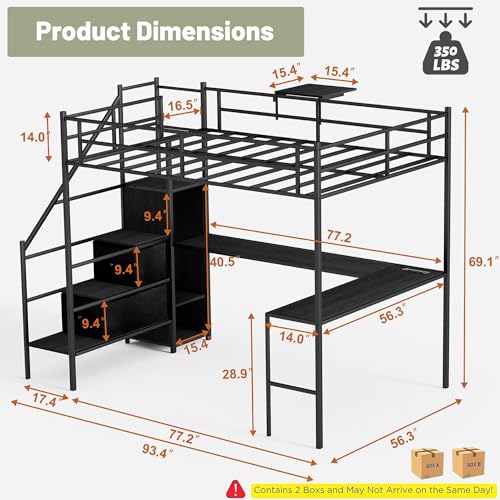 Full Size Loft Bed with Desk,Metal Heavy Duty Full Loft Bed with Stairs,Wardrobe and Shelves, High Gaming Loft Bed with LED Light and USB Charging Station for Kids, Teens, Adults, Black
