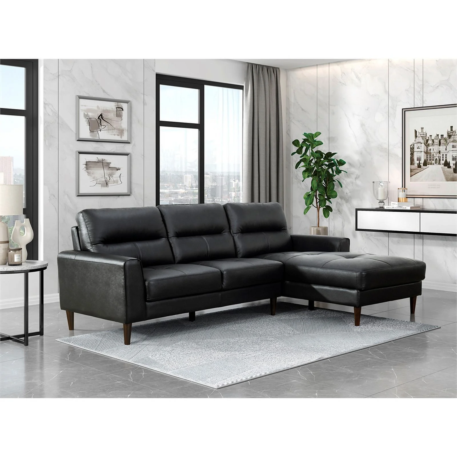 Lexicon Lewes 2-Piece Leather Match Sectional with Right Chaise in Black