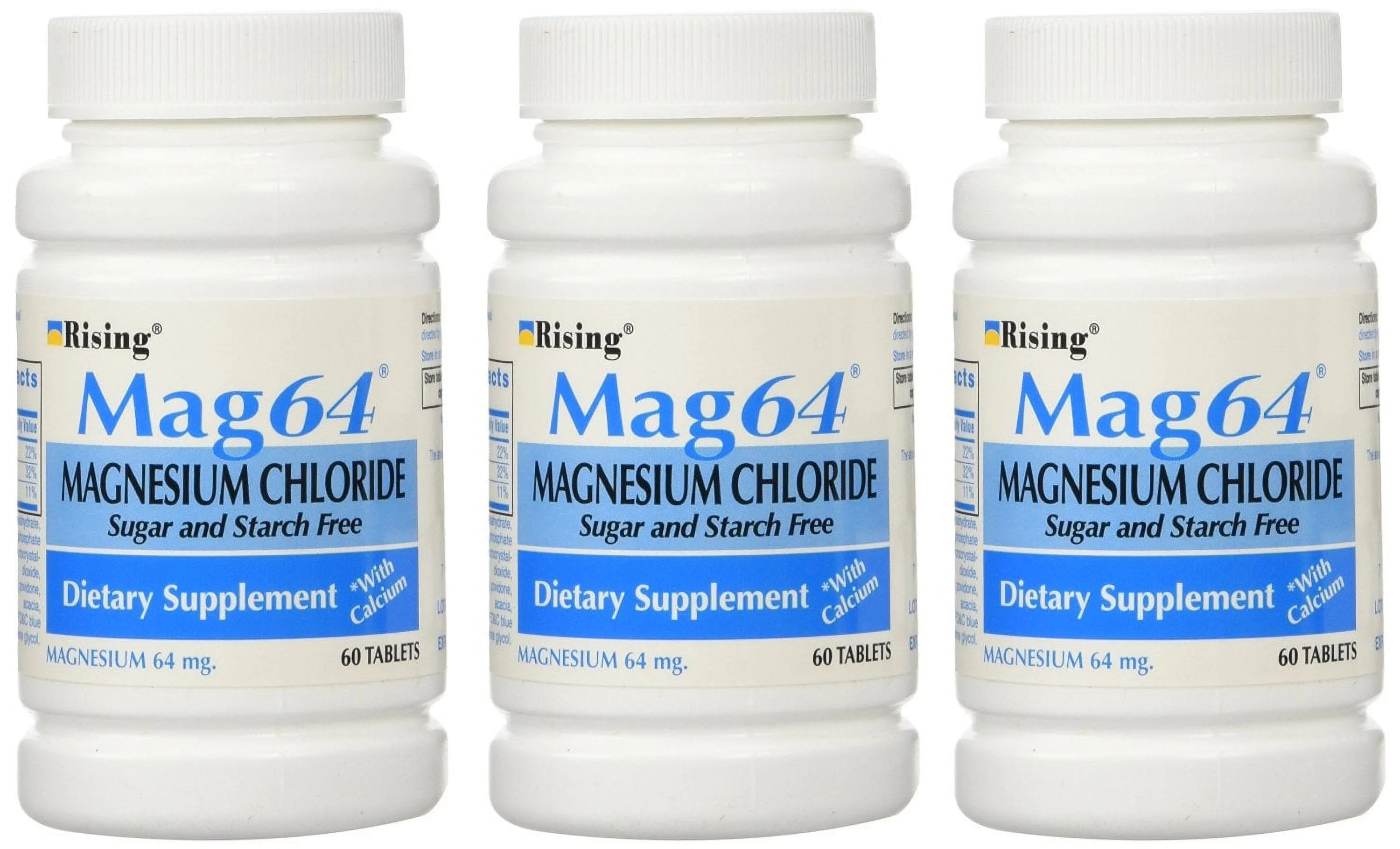 NEW MAG 64 MAGNESIUM CHLORIDE WITH CALCIUM 60 TABLETS (3 Bottles = 180 Tablets)