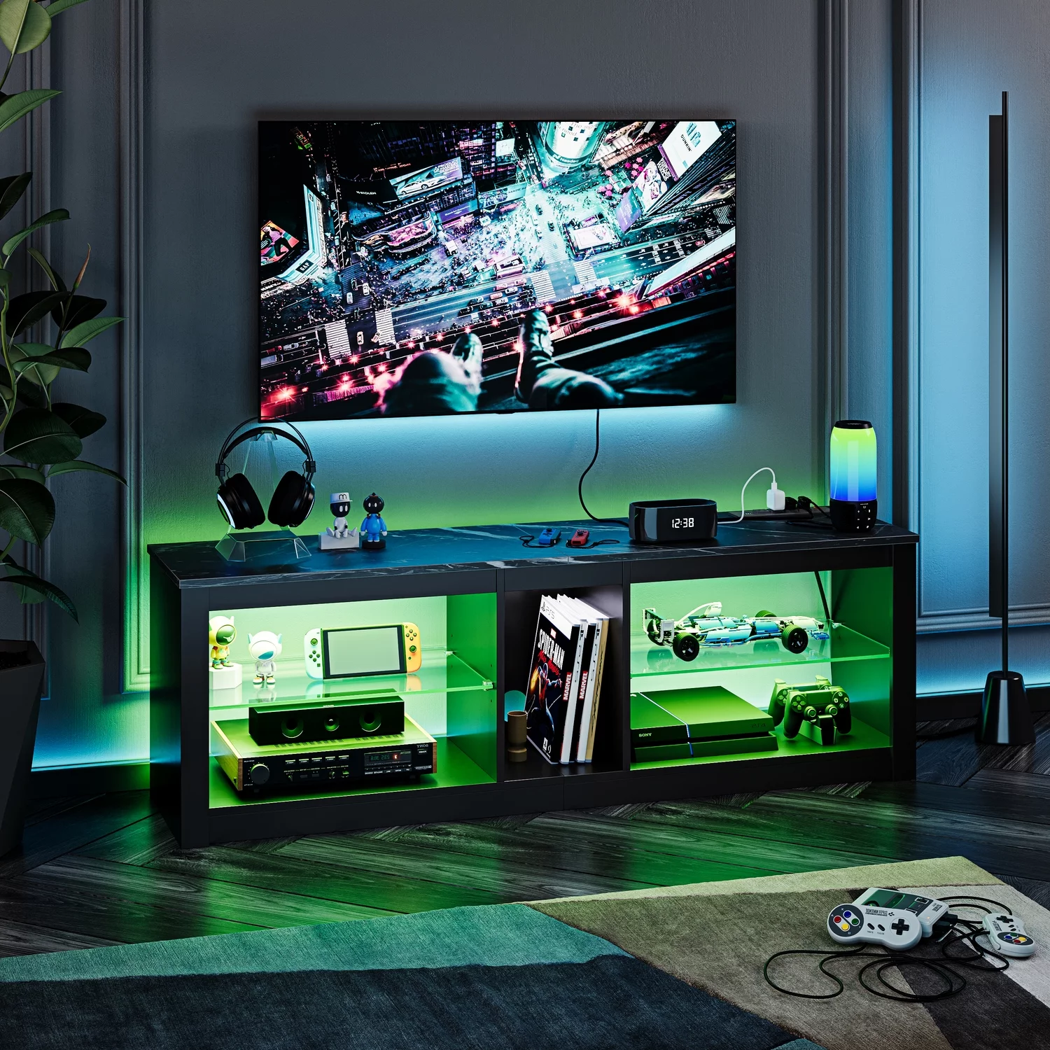 Bestier Gaming Entertainment Center TV Stand with LED Lights & Power Outlet for TVs up to 60