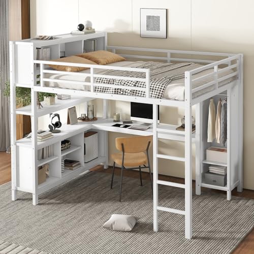 KEIKI Metal Full Size Loft Bed Frame with Built-in L Shaped Desk, Wardrobe, Stairs, Storage Cubes & Shelves for Kids Teens Adults, No Box Spring Needed
