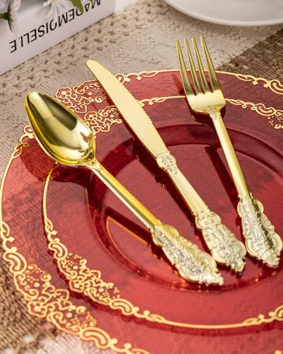 Goodluck 350 Piece Rose Gold Plastic Dinnerware Set for 50 Guests,Fancy Disposable Plates,Include: 100 Rose Gold Rim Plastic Plates,150 Silverwares,50 Pre Rolled Napkins,50 Cups for Party,Wedding