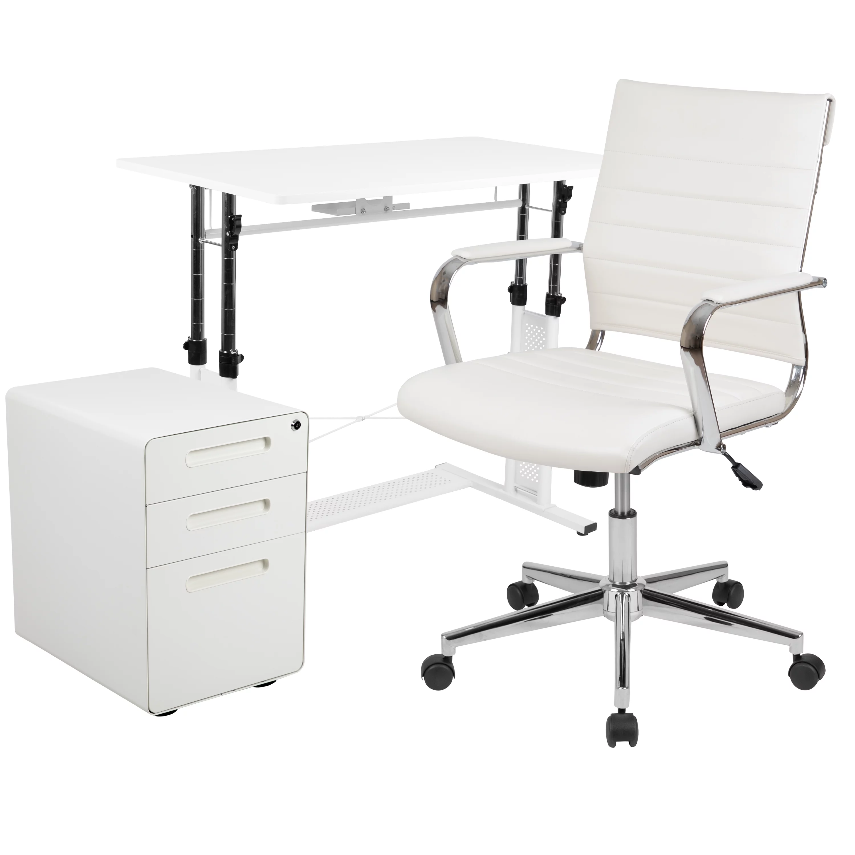 BizChair Work From Home Kit - White Adjustable Computer Desk, LeatherSoft Office Chair and Inset Handle Locking Mobile Filing Cabinet