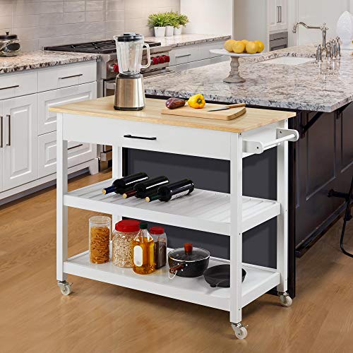 Yaheetech Kitchen Island Cart on Wheels with Bamboo Tabletop, 3-Tier Rolling Kitchen Island Microwave Cart with Drawer, Detachable Towel, 3 Hooks, 17
