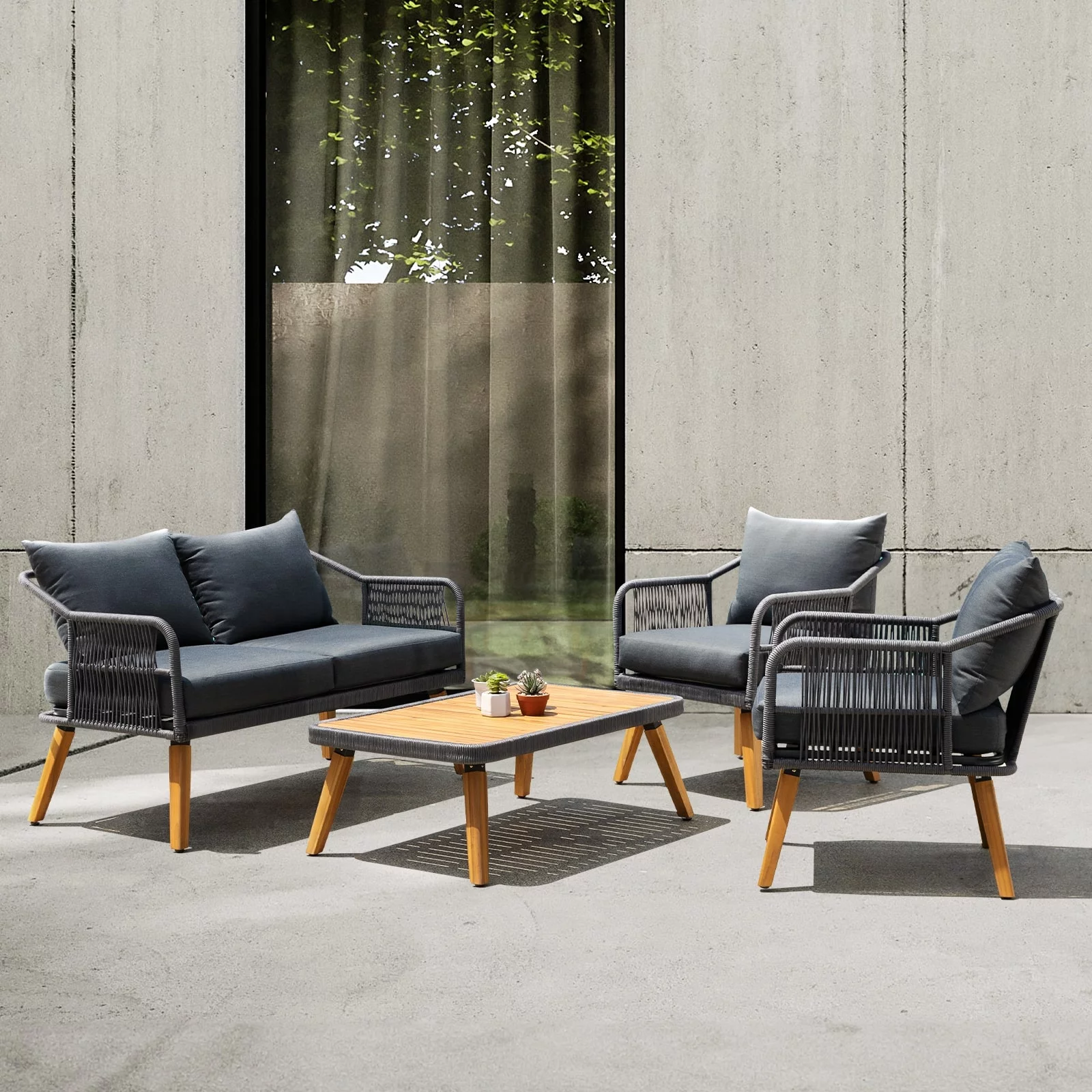 Aile Serene Wood Wicker Patio Conversation Set of 4, Thick Soft Cushions (Obsidian)