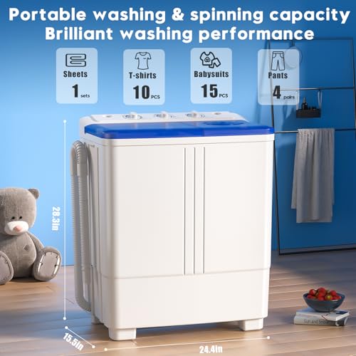 Portable Washing Machine, 28lbs Twin Tub Washer Mini Compact Laundry Machine with Drain Pump, Semi-automatic 18lbs Washer 10lbs Spinner Combo for Dorms, Apartments, RVs