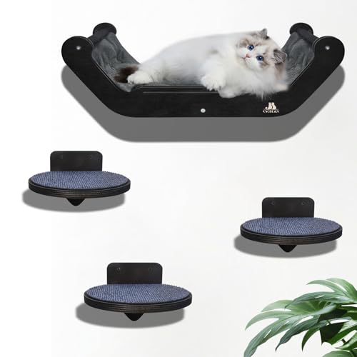 Wooden Cat Wall Shelves with 3 Steps – Space-Saving Wall Mounted Cat Tree Set, Modern Climbing Wall Furniture & DIY Shelves Kit for Small Apartments, Cat Bed for Sleeping, Playing and Climbing