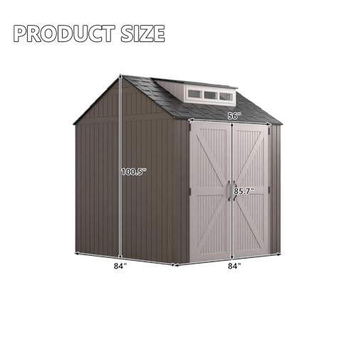 Large Resin Outdoor Storage Shed with Floor (7-10.5 Ft) - Weatherproof Double Wall Construction for Lawn Mowers, Garden Tools, Bike & Pool Supplies, Lockable (Brown, 7x7 FT)