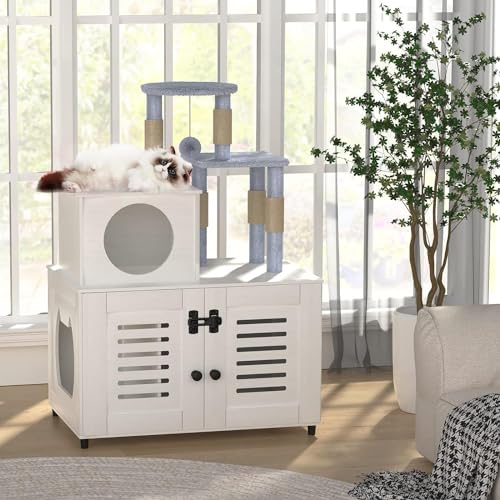 White All-in-one Cat Cabinet with Litter Box Enclosure, Scratching Post, Soft Plush Perch and Divider