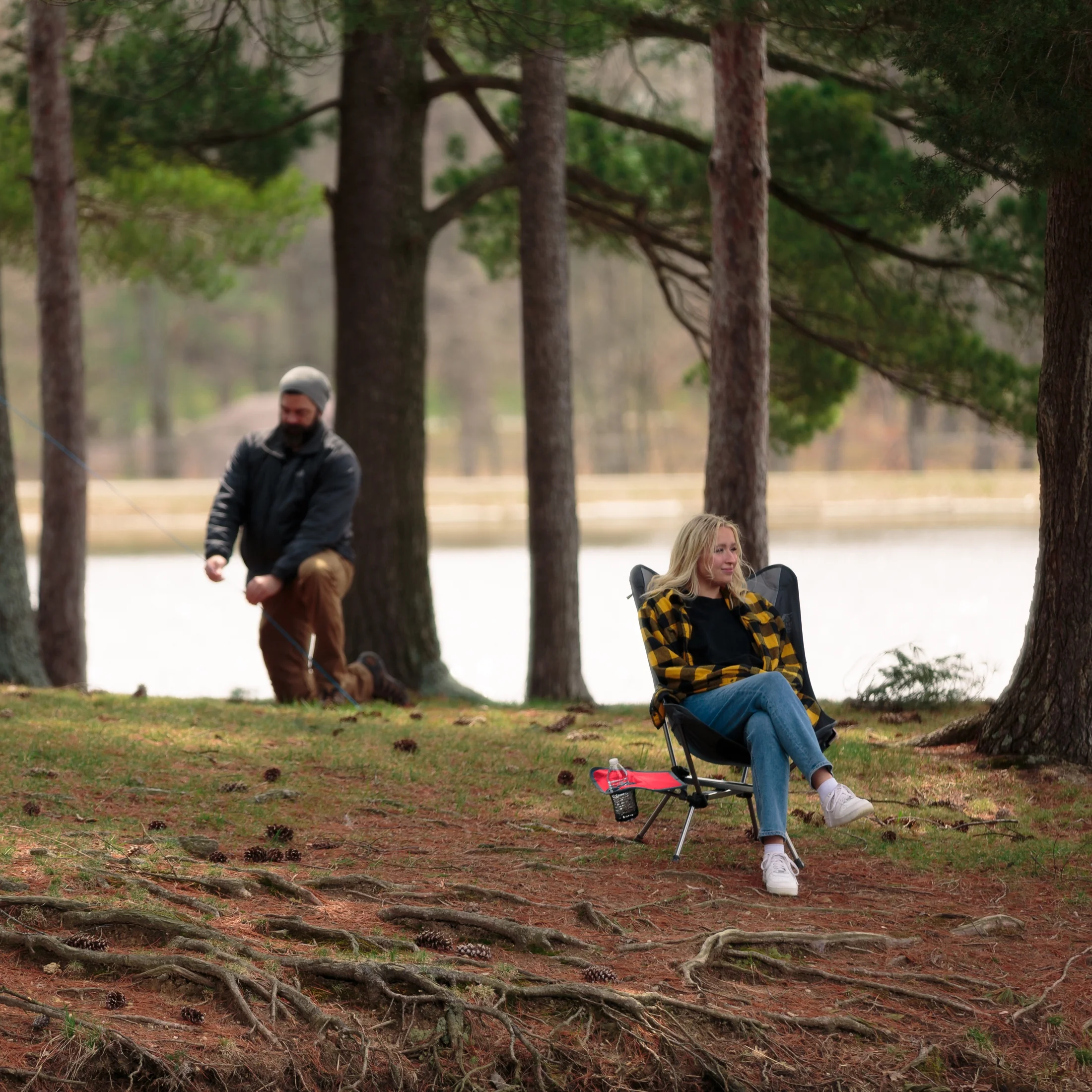 Timber Ridge Yew x-Frame Backpack Camping Chair, Red and Gray, Adult