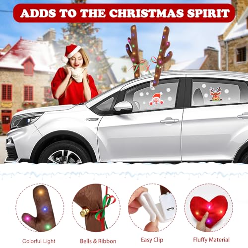 Rudolph Car Decoration with LED Lights, Car Antlers for Christmas with Window Sticker, Jingle Bells, Rudolph Nose - Car Reindeer Auto Holiday Accessories Decoration Kit for SUV Van Truck