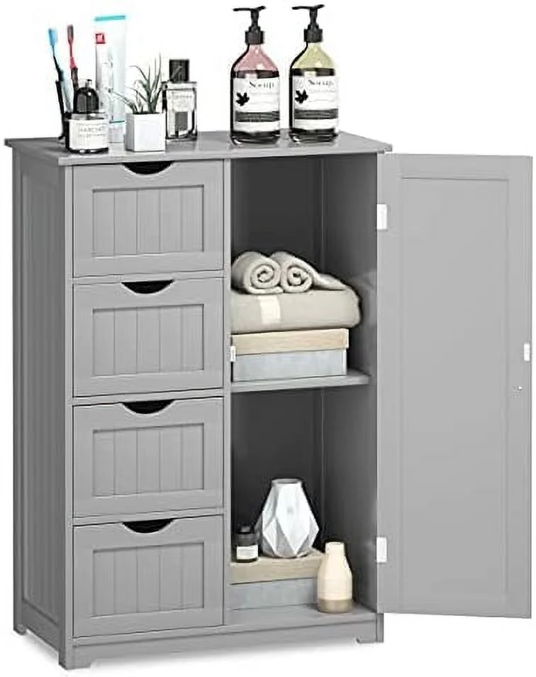 KHBIULIFE Bathroom Floor Cabinet  Side  Organizer Cabinet w/ 1 Cupboard and 4 Drawers  Wooden Free Standing  Cabinet w/Adjustable  in 3 Positions for Living Room  Bathroom  Grey