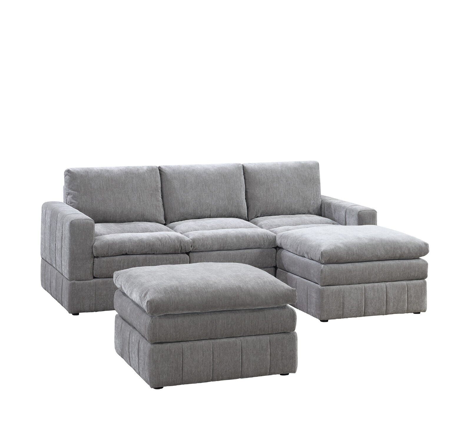 Granite Morgan Fabric Plush Cushion Couch 5pc Modular Sectional Set 2x Corner Wedge 1x Armless Chair 2x Ottomans Living Room