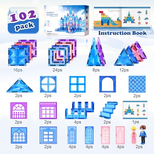 Magnetic Tiles 102pcs with 2 Stairs 2 Dolls Princess Castle Building Girls Toys Age 4-5 6-8 Magnetic Blocks Birthday Xmas Gifts for Girls Toys for 3 4 5 6 7 8+ Year Old
