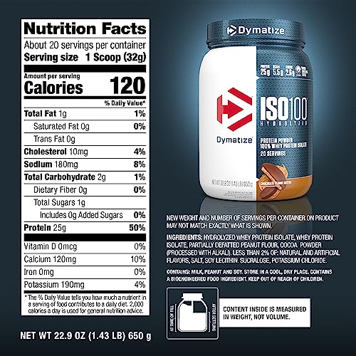Dymatize ISO100 Whey Protein Powder Isolate, Cookies & Cream, 25g of Protein, 20 Servings, 5.5g BCAAs, Less Than 120 Cal., Gluten Free, 1g Fat, 1g Sugar, 2g Carb