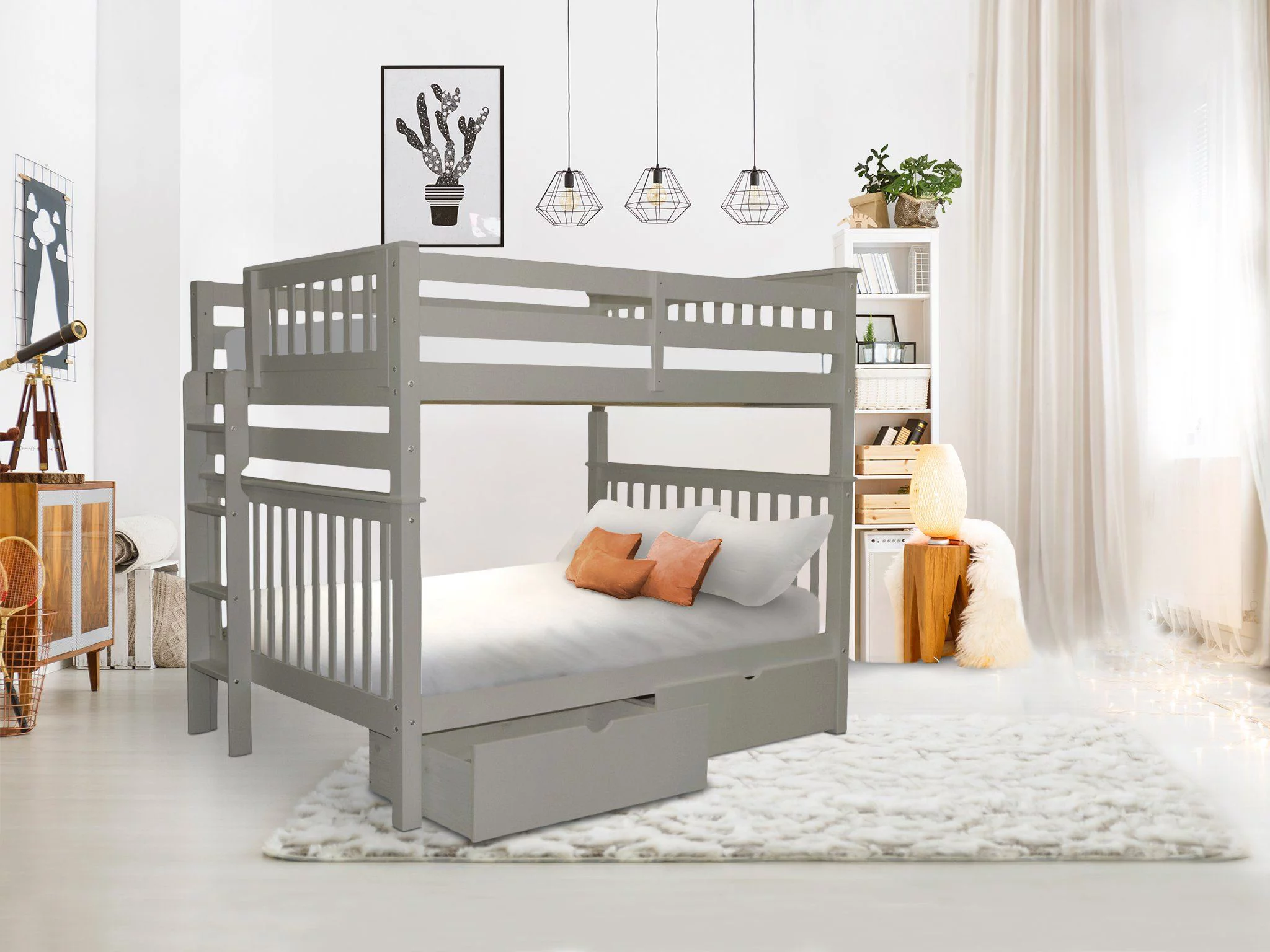 Bedz King Bunk Beds Full over Full Mission Style with End Ladder and 2 Under Bed Drawers, Gray