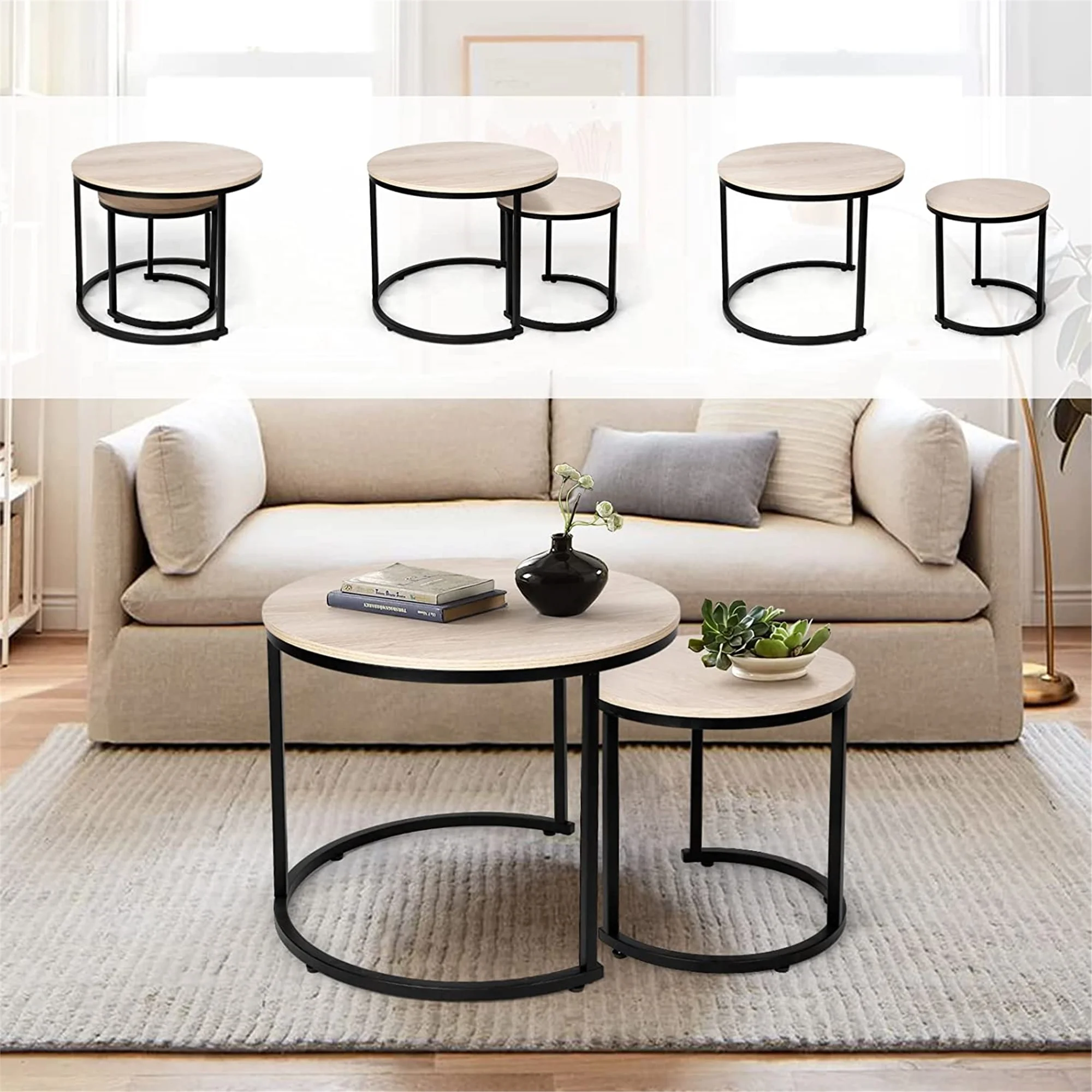 Modern Round Nesting Tables with Metal Frame (Set of 2) (White & Black)