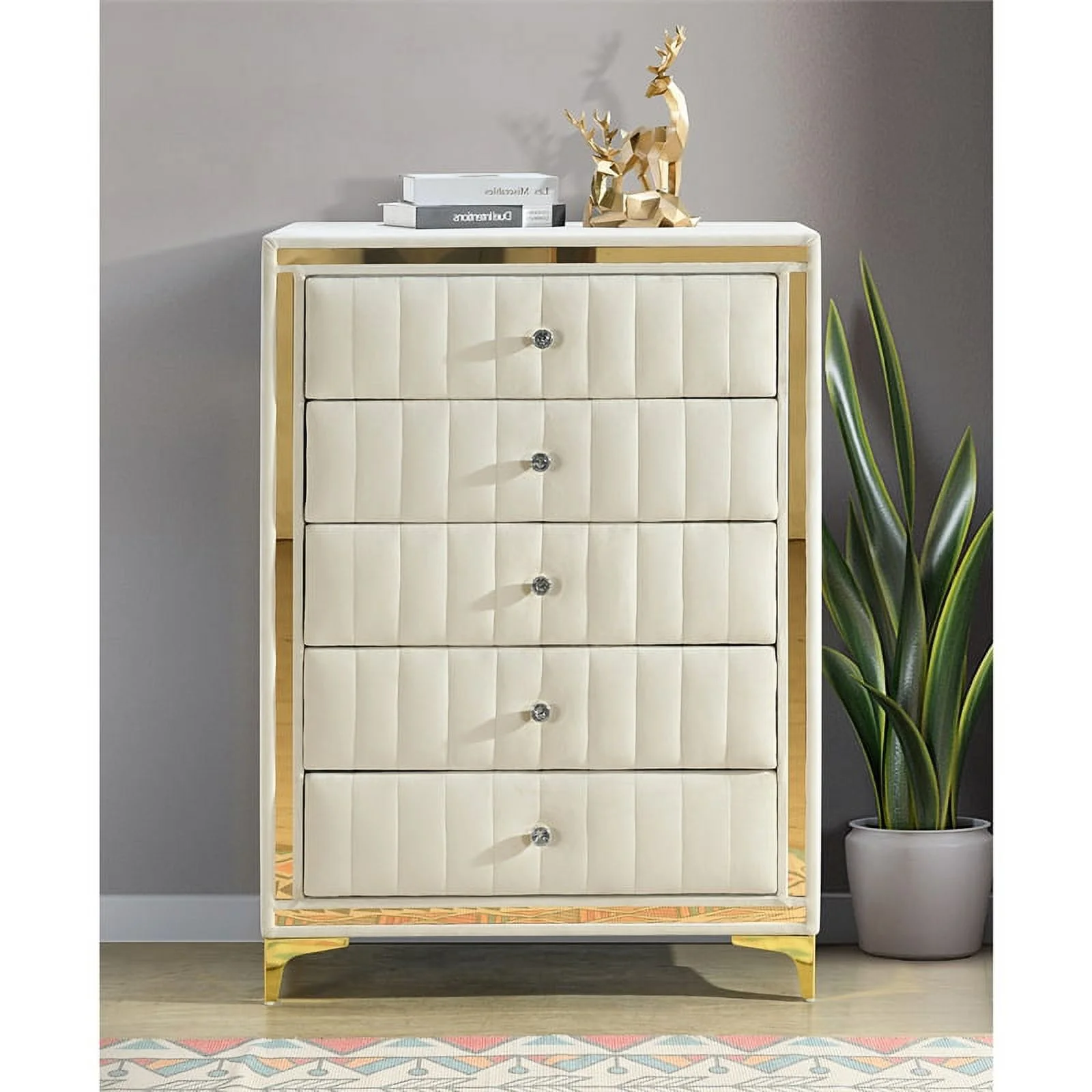 Better Home Products Monique Velvet Upholstered 5-Drawer Chest in Cream