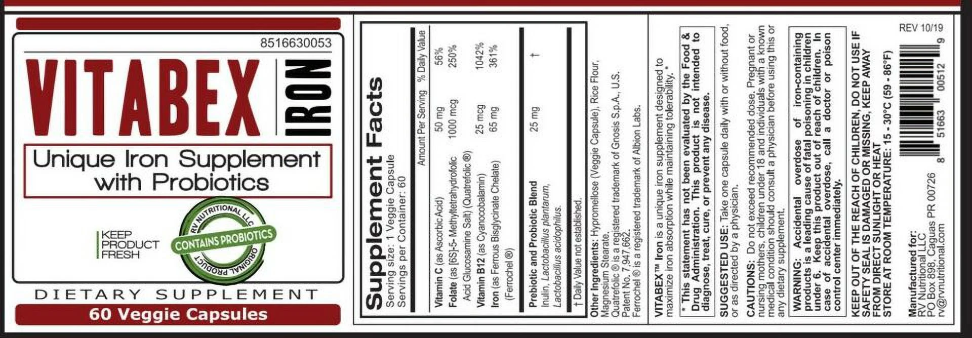 Vitabex Iron | Iron Supplement | Probiotics | 60 Veggie Capsules