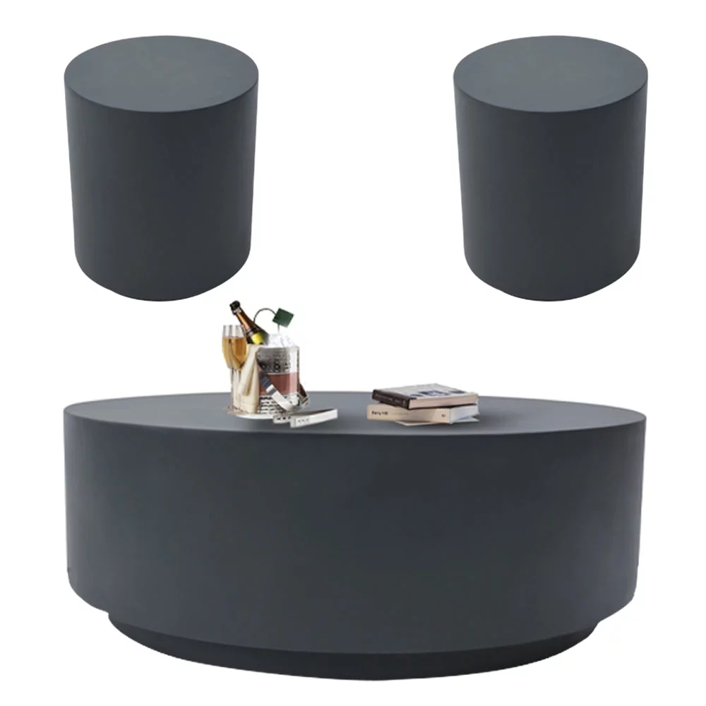 Elementi Rome Coffee Table End Table Set of 3 for Indoor Outdoor Patio Tables Outdoor Furniture Coffee Table Set Side Table Living Room Furniture Center Table Nightstand Concrete, Slate Black - Round
