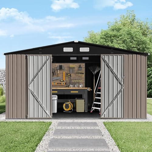 GVDV 10X12 FT Outdoor Storage Shed, Durable Metal Outside Storage for Garden, Patio and Backyard, Waterproof Shelter for Tools, Equipment