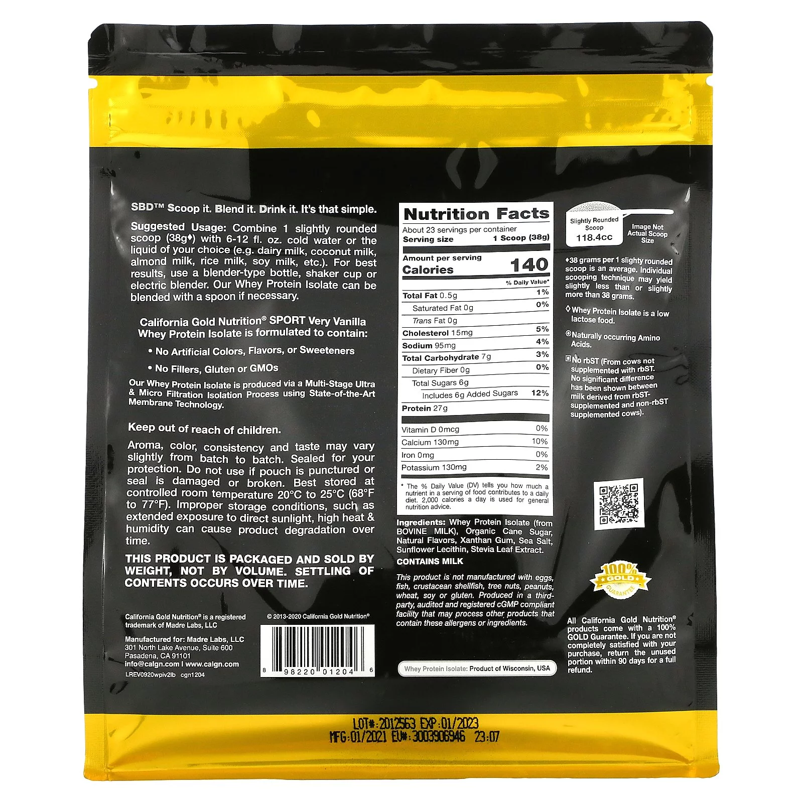 California Gold Nutrition 100% Whey Protein Isolate, Very Vanilla Flavor, 2 lbs (907 g)