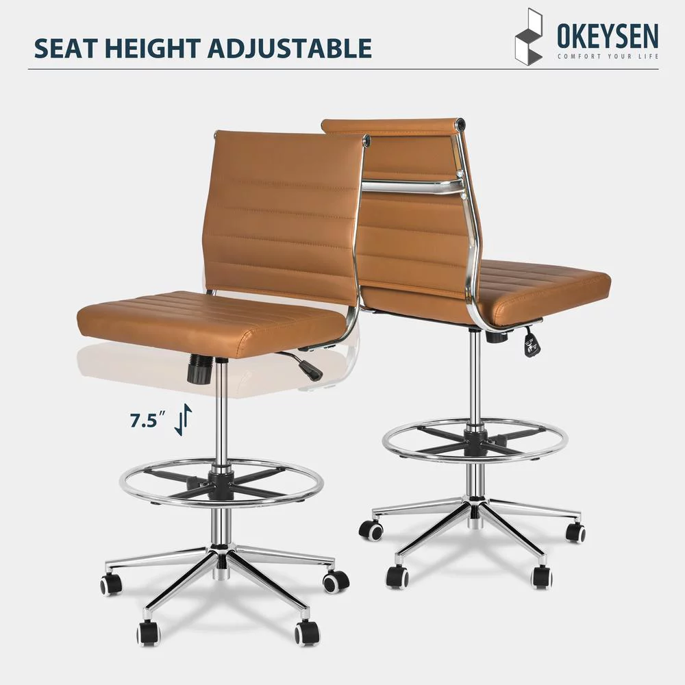 Okeysen Armless Desk Stool Drafting Chair Ergonomic Leather Office Chair Modern Standing Desk Chair with Adjustable Foot Ring, Ribbed Mid Back & Swivel Rolling, Brown