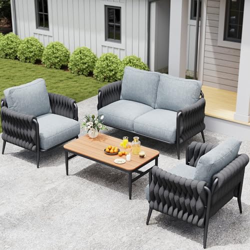 Outdoor Patio Furniture Set 6-Piece, Outdoor 5-Seat Sofa with Coffee Table, Waterproof Thick Cushion Patio Conversation Set, All Weather Outdoor Couch Set for Deck, Lawn, Balcony, Porch
