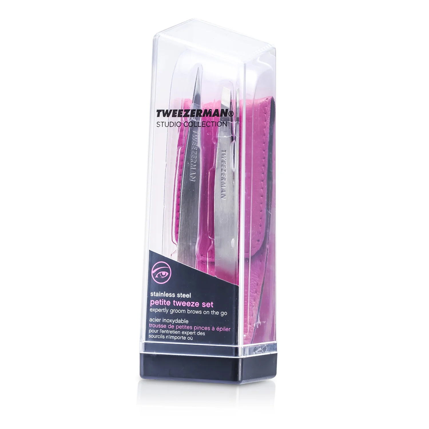Tweezerman Petite Tweeze Set: Slant Tweezer + Point Tweezer - (Regency Finish w/ Silver Leather Case)  2pcs