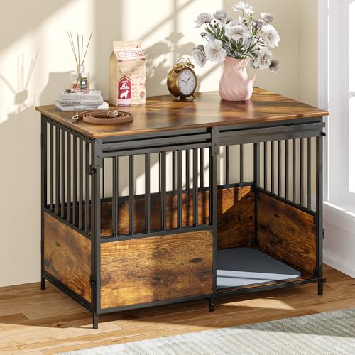 Large Dog Crate Furniture, 41 Inch Dog Kennel Indoor with Removable Divider & Double Doors, Wooden Dog Crates for 2 Dogs, Dog Crate Table for Large/Medium Dogs, White