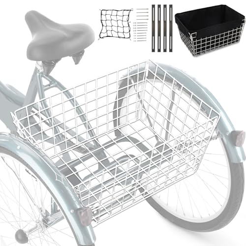 Tricycle Rear Basket Folding Large Capacity Steel Basket w/Liner Bag Adjustable Cargo Net for 20 24 26 Inch Tricycles Trike, Black