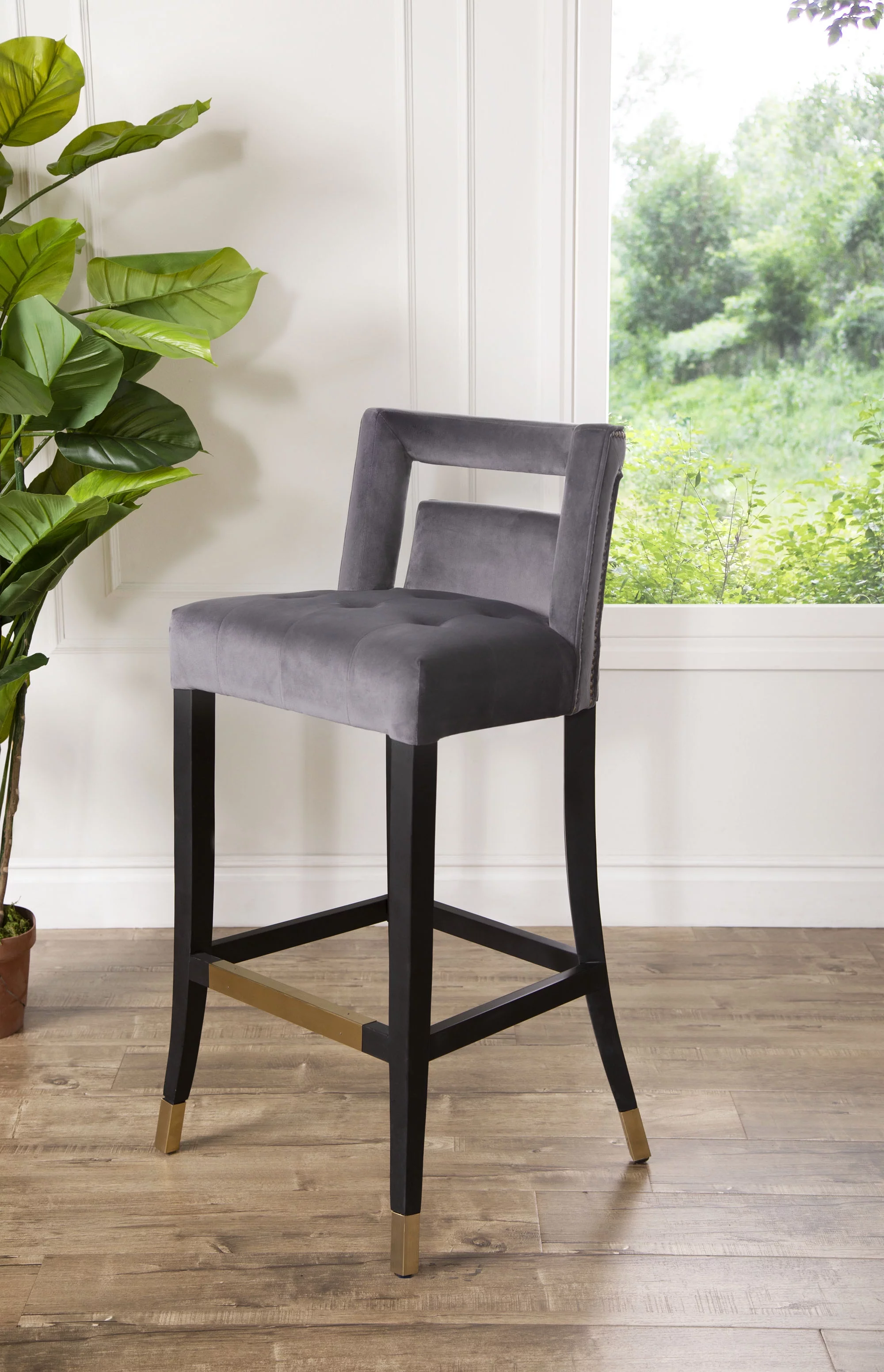 Stephanie Velvet Bar Stool, Grey