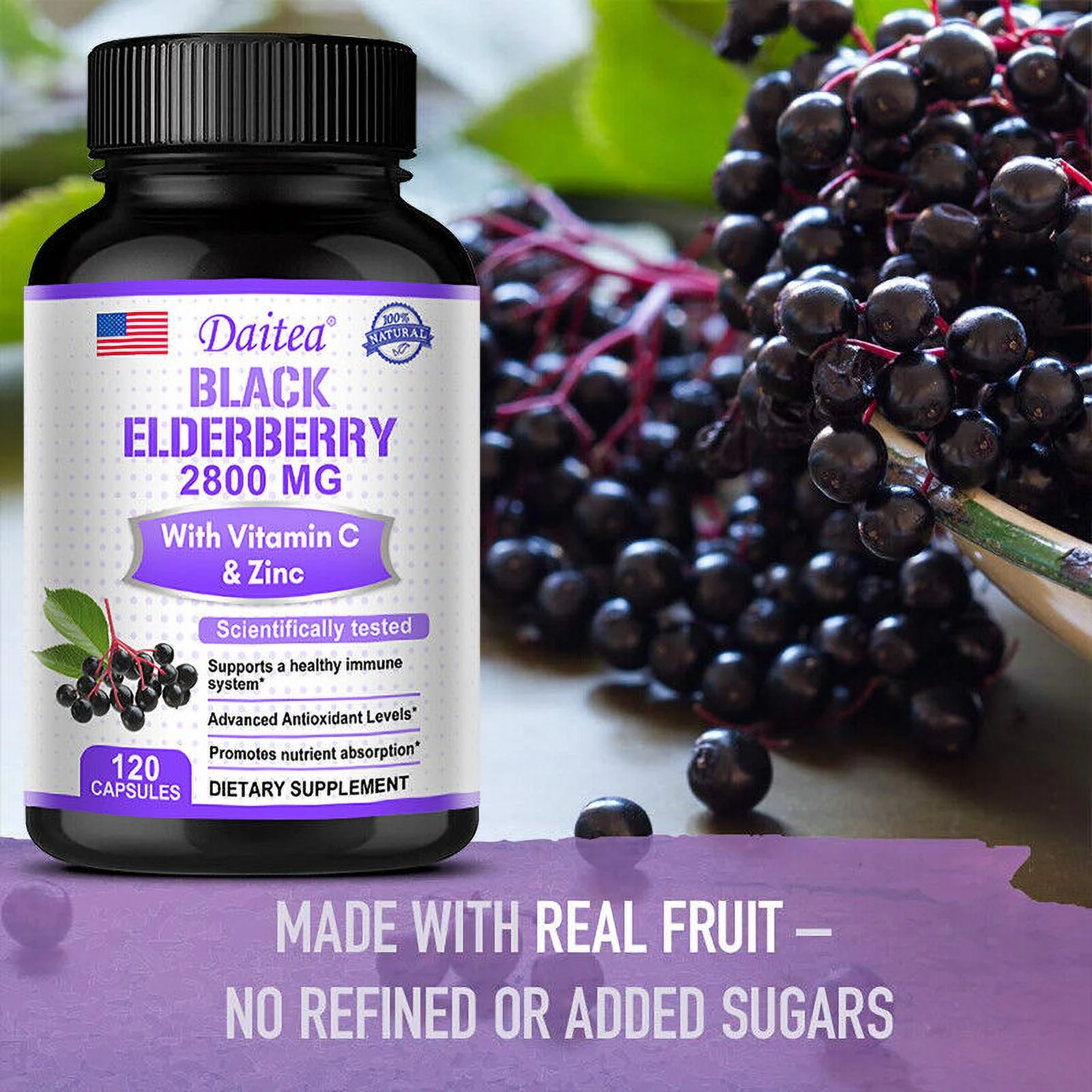 Black Elderberry 2800 mg With Vitamin C & ZINC Immune System Booster 120 Capsules